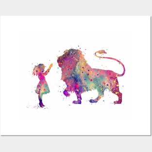 Girl and Lion Colorful Watercolor Animals Lover Gift Posters and Art